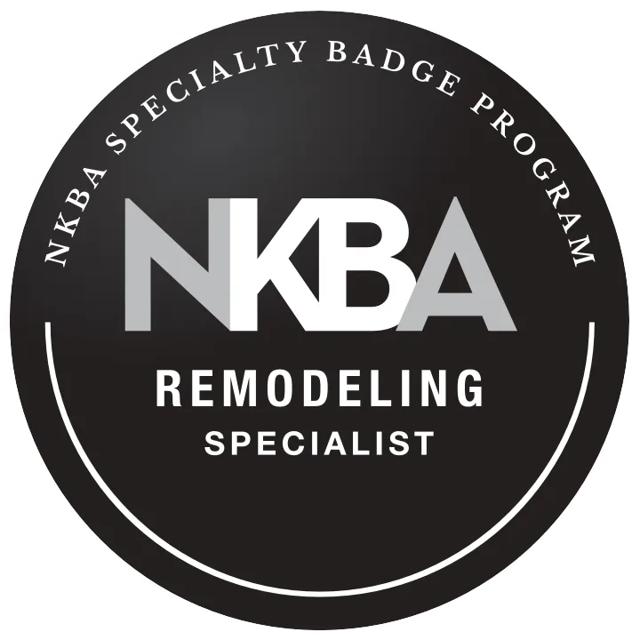 Black circle badge with NKBA logo and text reading Remodeling Specialist and NKBA Specialty Badge Program.