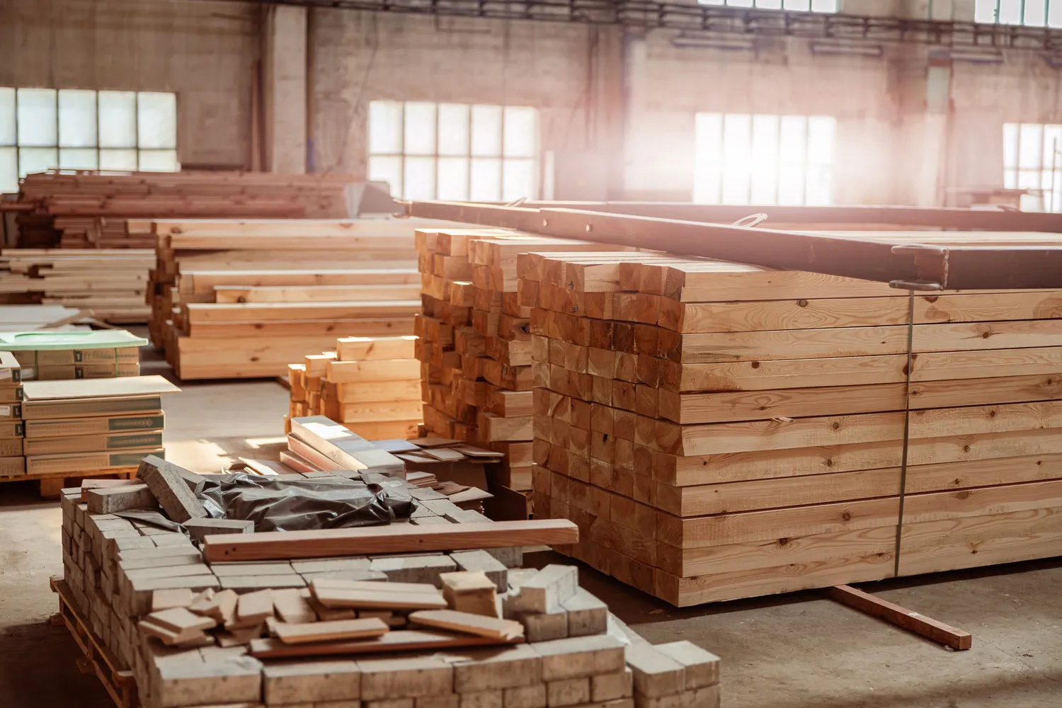 Stacks of wooden planks and bricks stored inside a sunlit warehouse or workshop.