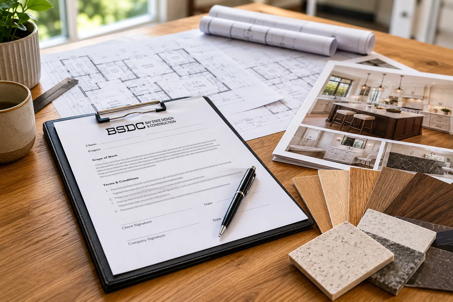 Contract on clipboard with pen, blueprints, kitchen photos, and flooring samples on wood table.
