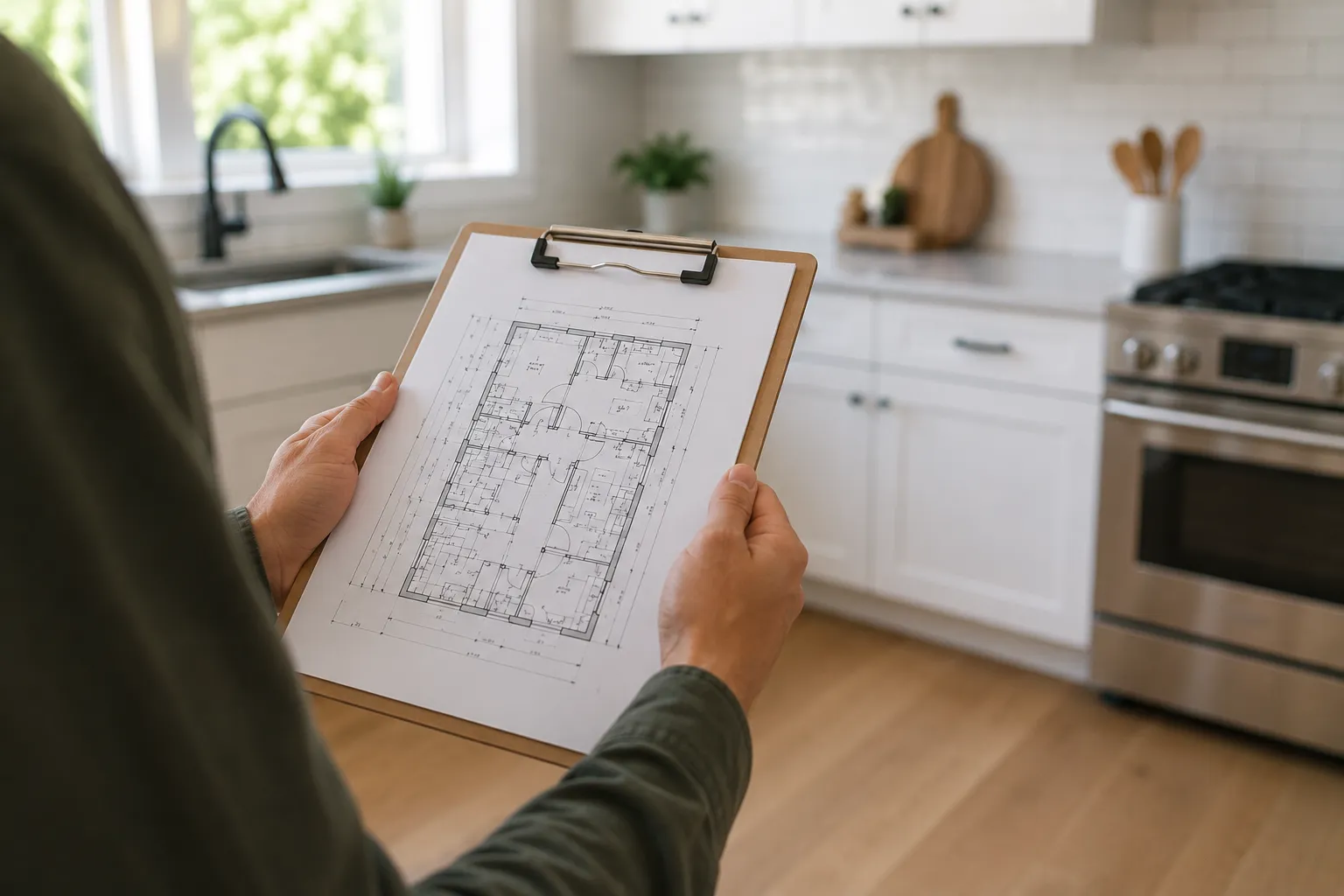 Person holding clipboard with house floor plan in a modern white kitchen.