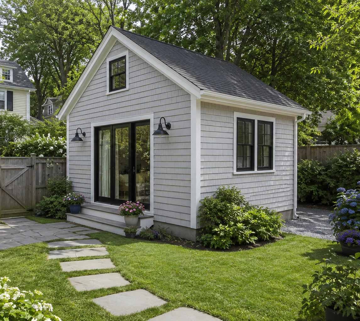 Small detached gray house with black windows and door, surrounded by green lawn and plants.