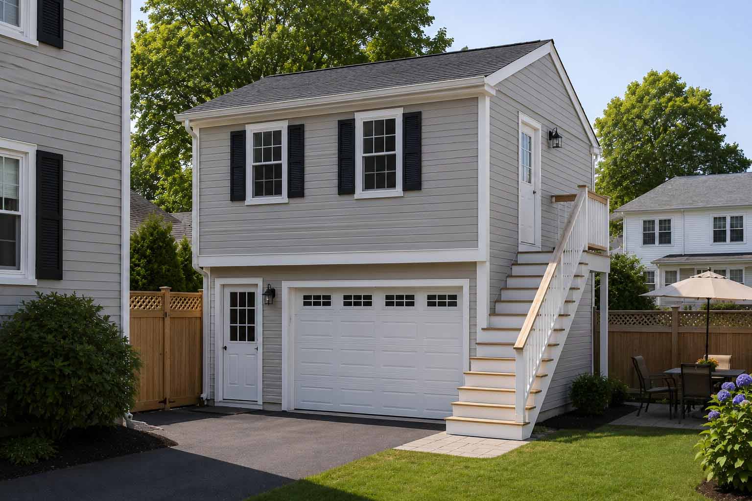 Gray two-story detached garage with white trim, black shutters, outdoor stairs, and driveway.