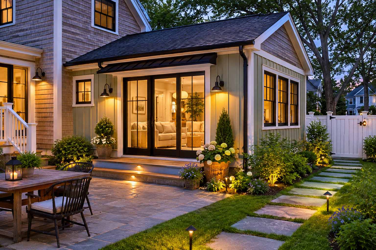 Evening view of a well-lit backyard patio with outdoor table, chairs, and attached guest house.