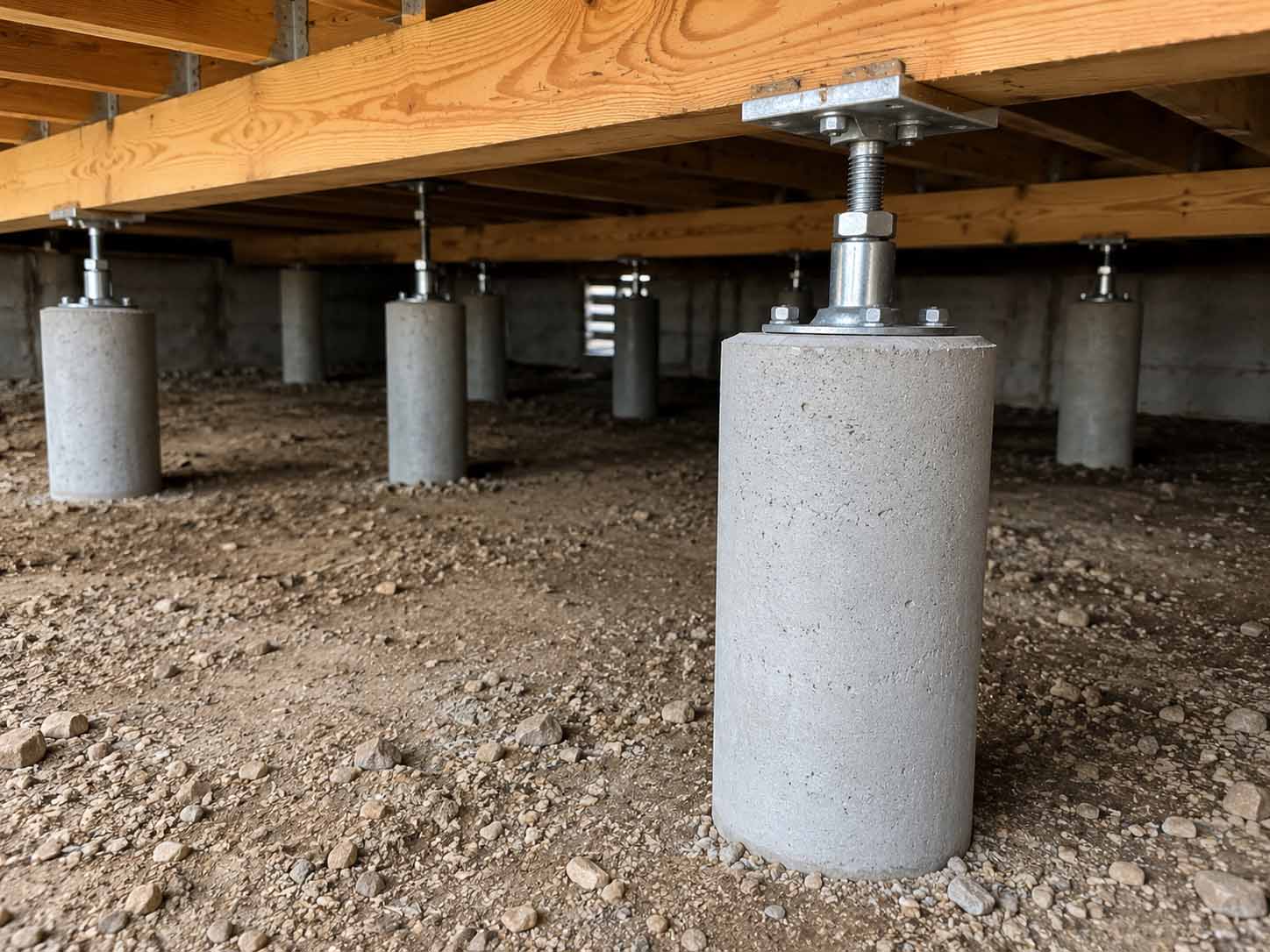 Concrete pier foundation columns supporting wooden beams in a crawl space over gravel ground.