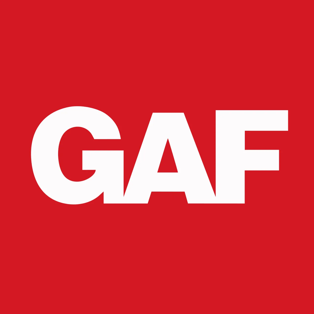 White GAF letters on a red square background representing the GAF brand logo.