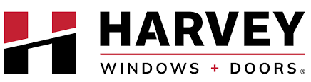 Harvey Windows + Doors logo with stylized letter H and text in black and red.