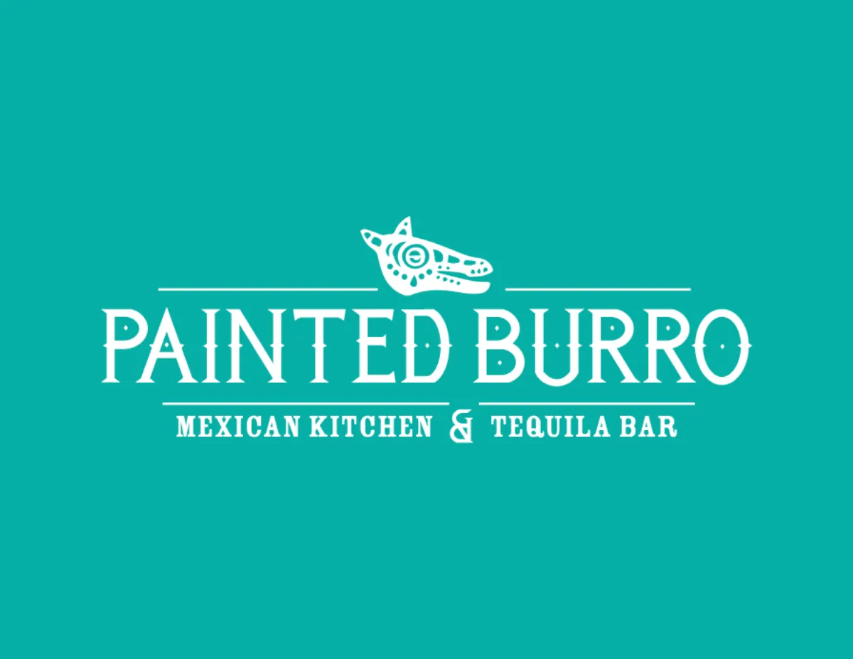 Painted Burro Mexican Kitchen & Tequila Bar logo with decorative burro head on teal background.