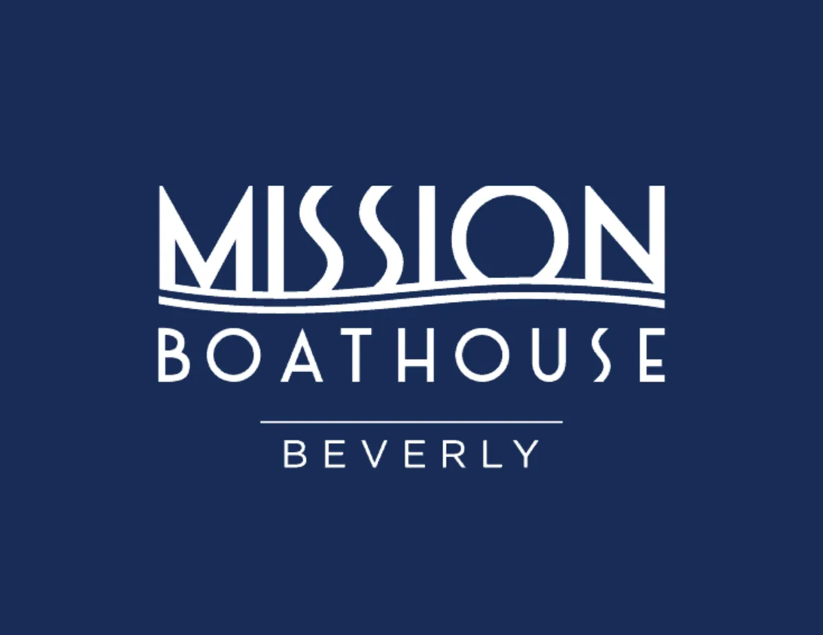 Logo reading Mission Boathouse Beverly in white letters on a dark blue background.