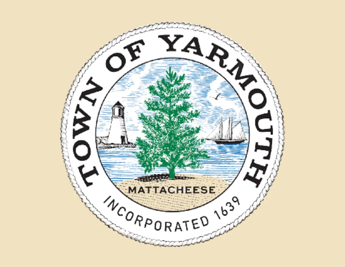 Town of Yarmouth seal with green tree, lighthouse, sailboat, and text Incorporated 1639.