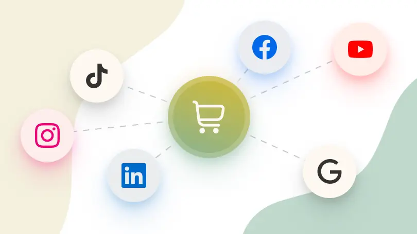 Social media marketing network connected to ecommerce platform with digital channels and online shopping integration