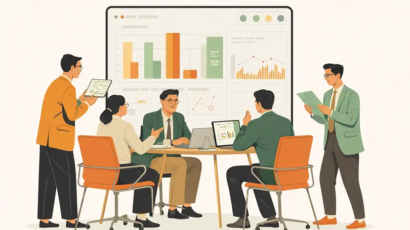 Business team analyzing marketing analytics dashboard with charts and data insights in a collaborative meeting
