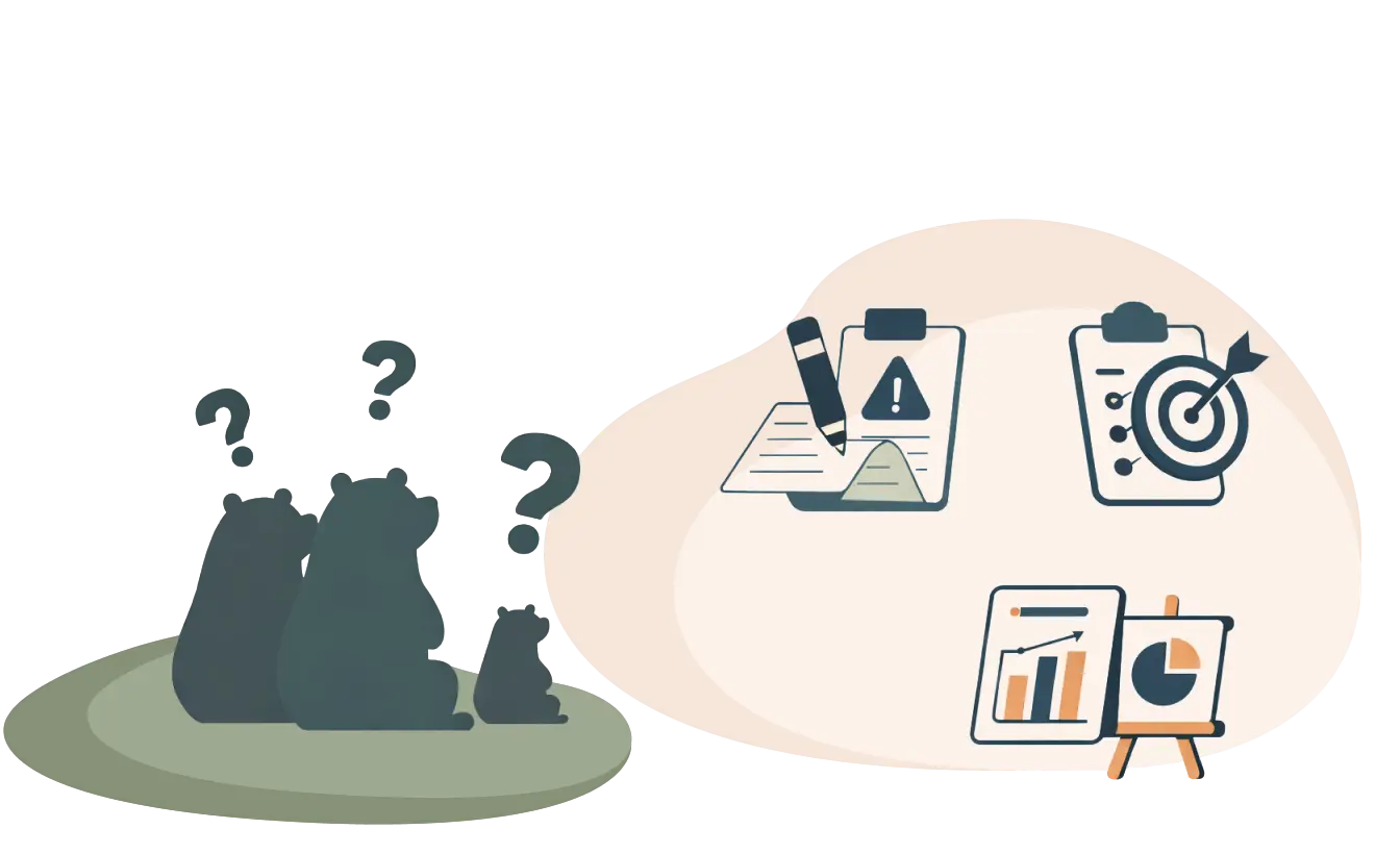 Business decision-making illustration with uncertainty questions and analytics tools for performance insights
