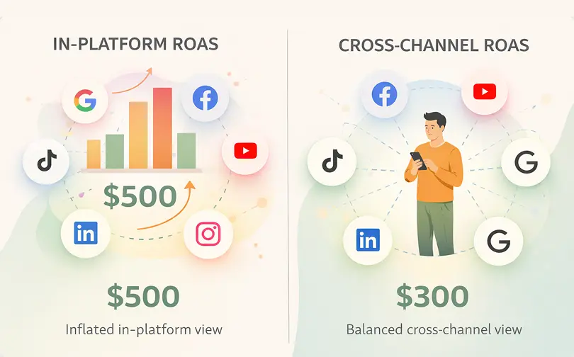 Social media marketing network connected to ecommerce platform with digital channels and online shopping integration