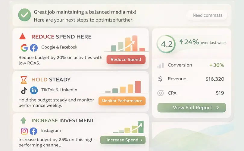 Business team analyzing marketing analytics dashboard with charts and data insights in a collaborative meeting