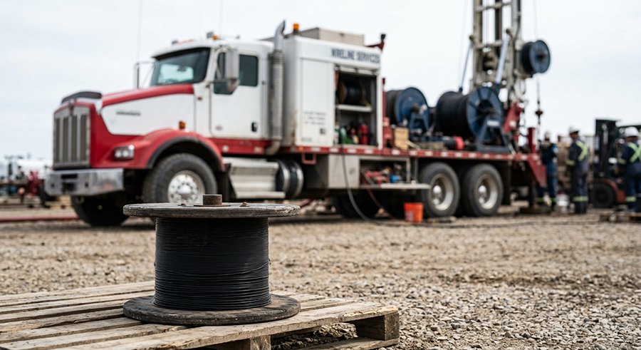 Black EMC cable reel with wireline truck