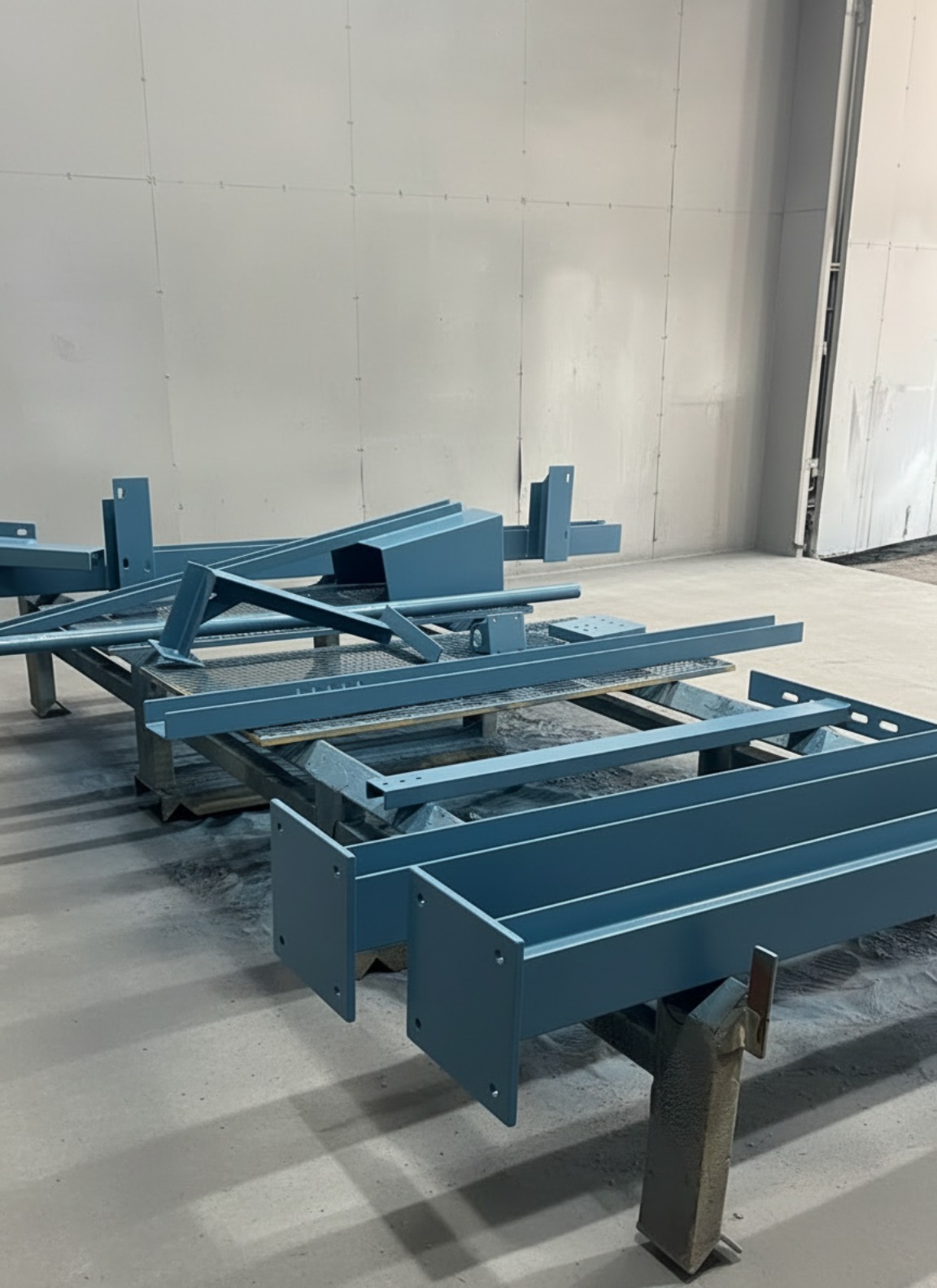freshly painted steel structural components in Trueline's industrial workshop