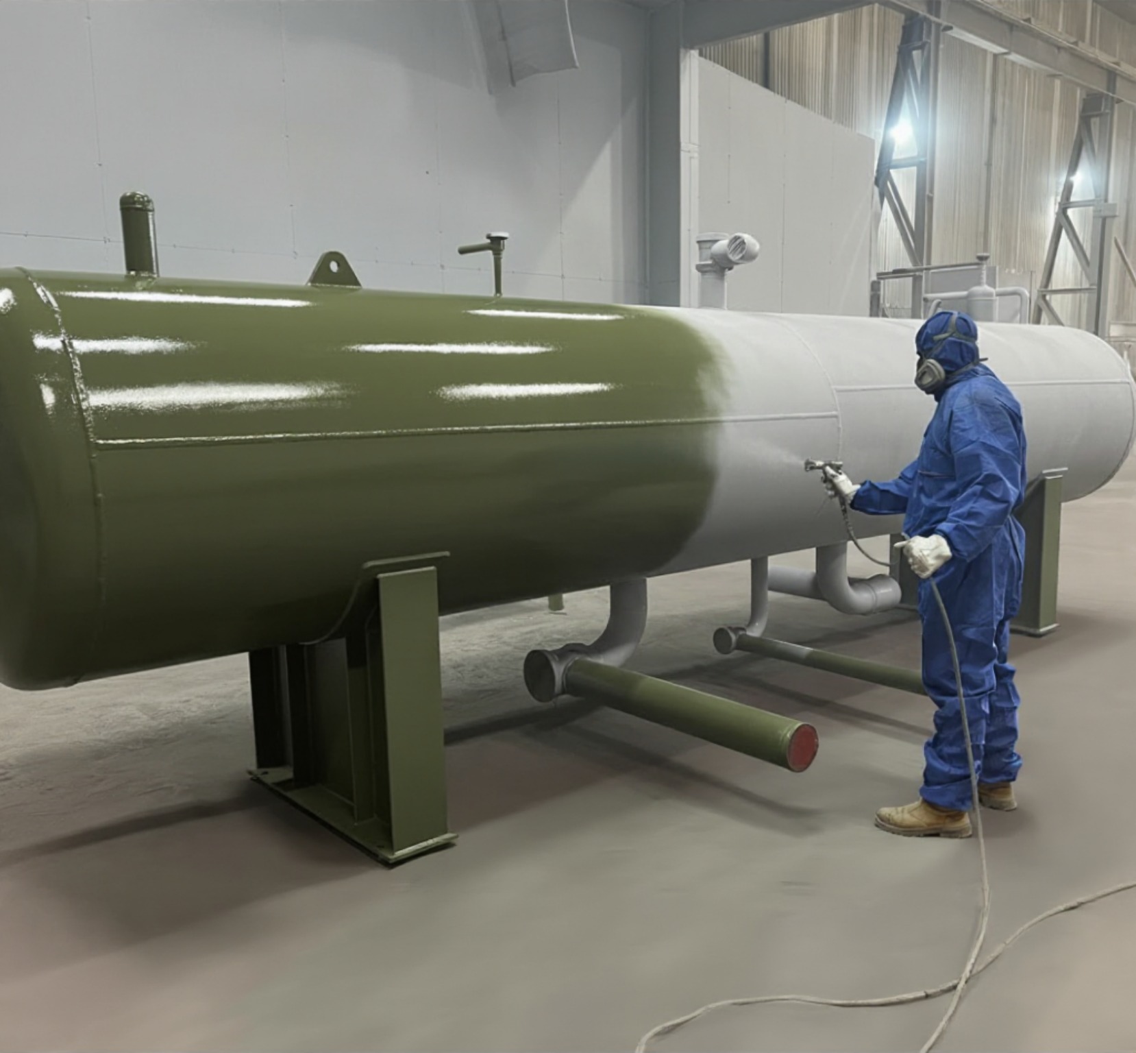 In-progress: industrial tank with technician applying protective coating in workshop