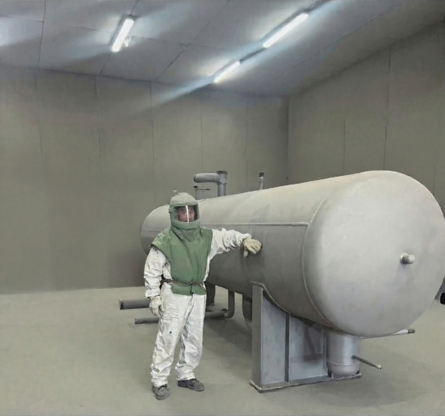 in-progress primer on industrial pressure vessel inside Trueline's workshop with operator in protective gear