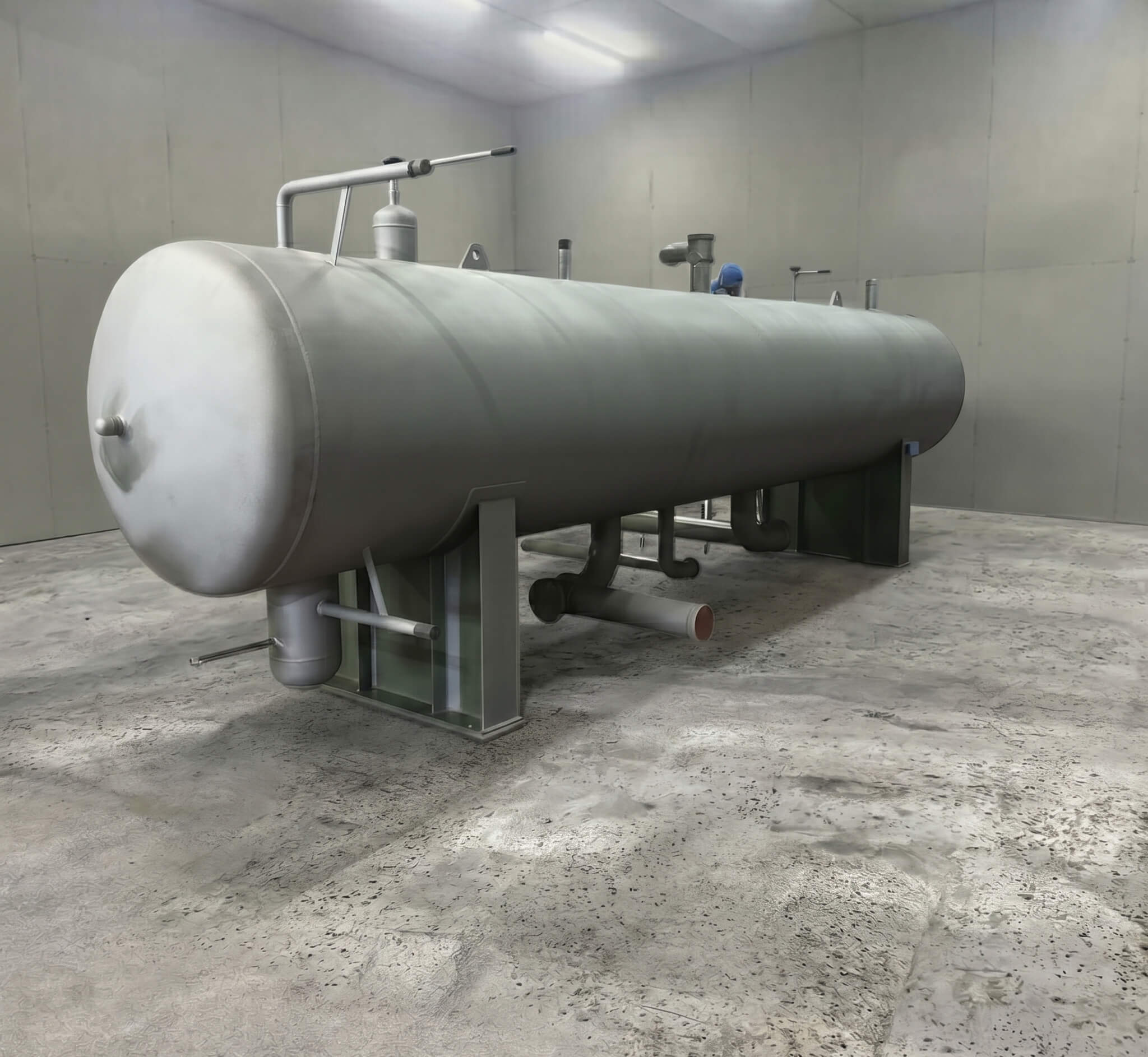 After shot: Surface preparation on pressure vessel in Trueline's workshop with employee behind