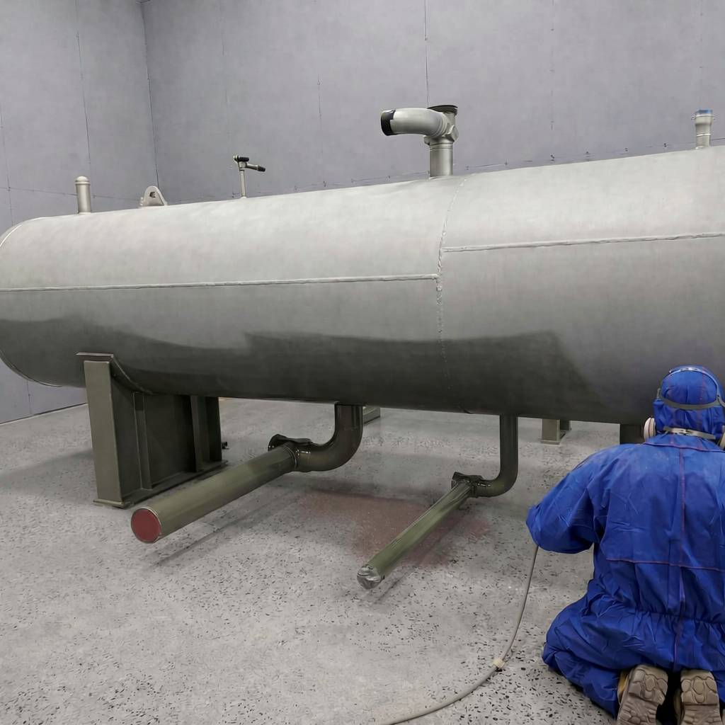 In progress: Abrasive Blasting on industrial pressure vessel inside Trueline's workshop with operator in protective gear 