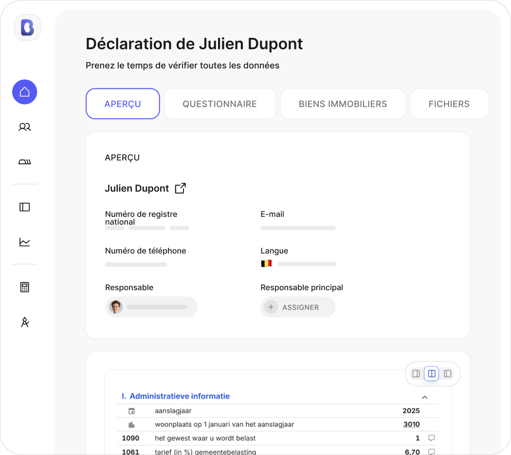 Overzichtsdashboard van de BeanCounter personenbelastingtool met dossierlijst