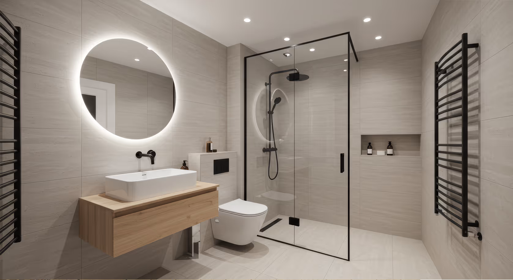 Completed bathroom fit-out with premium fixtures by Rippey Construction Auckland