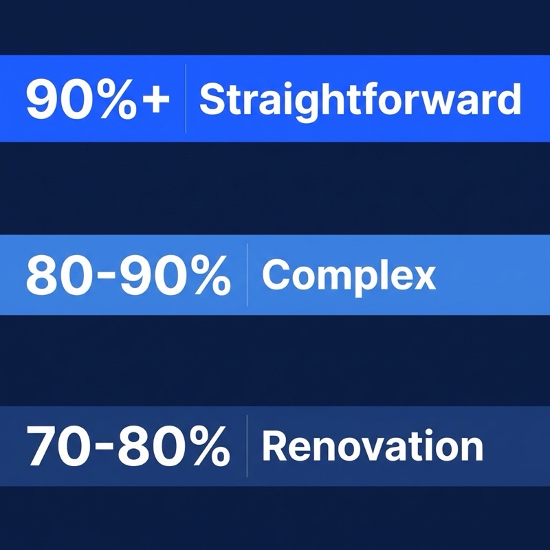 AI estimating accuracy: 90%+ Straightforward, 80-90% Complex, 70-80% Renovation