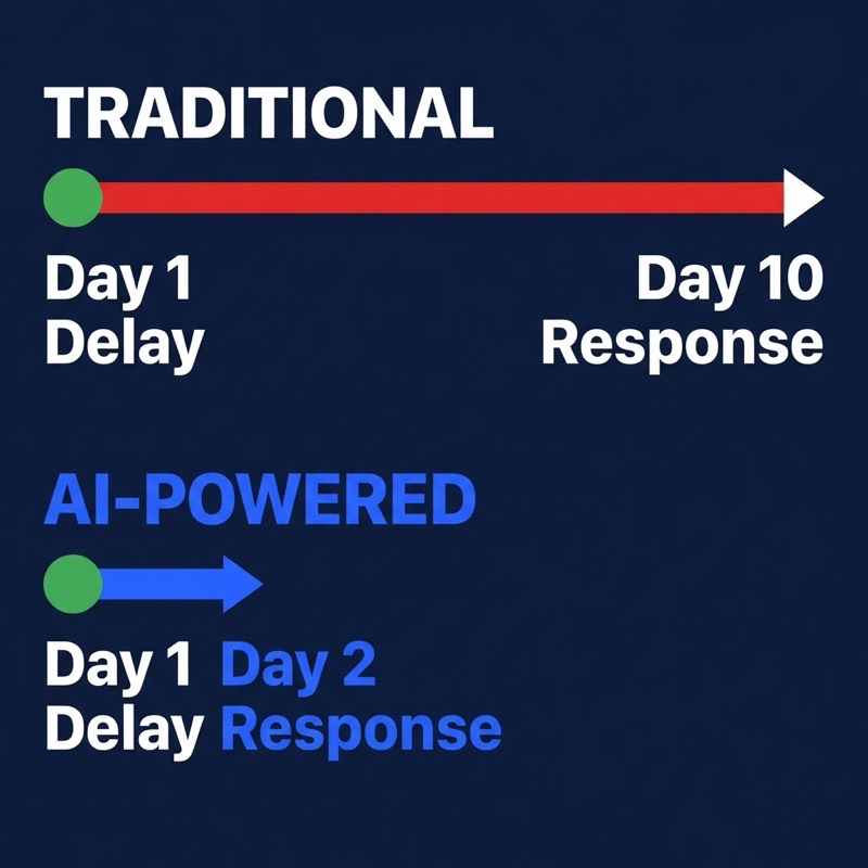 Delay cascade: Traditional 10-day response vs AI-Powered 2-day response
