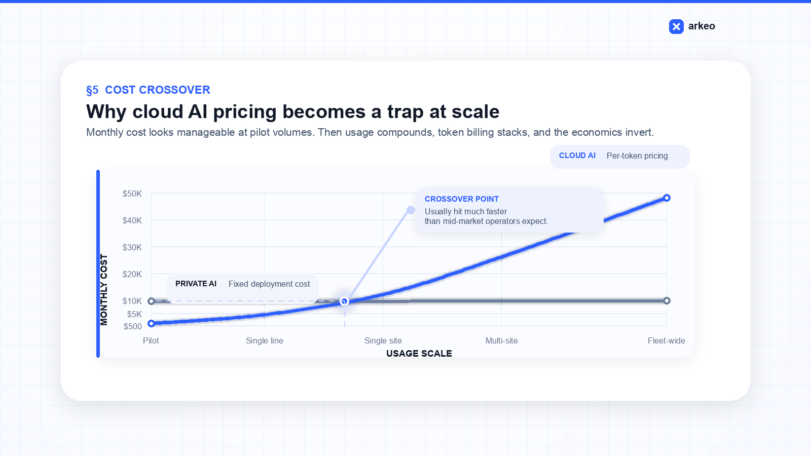 Cost crossover chart showing cloud AI per-token pricing climbing steeply with usage versus a flat private AI deployment cost, with the crossover point usually hit much faster than mid-market operators expect.