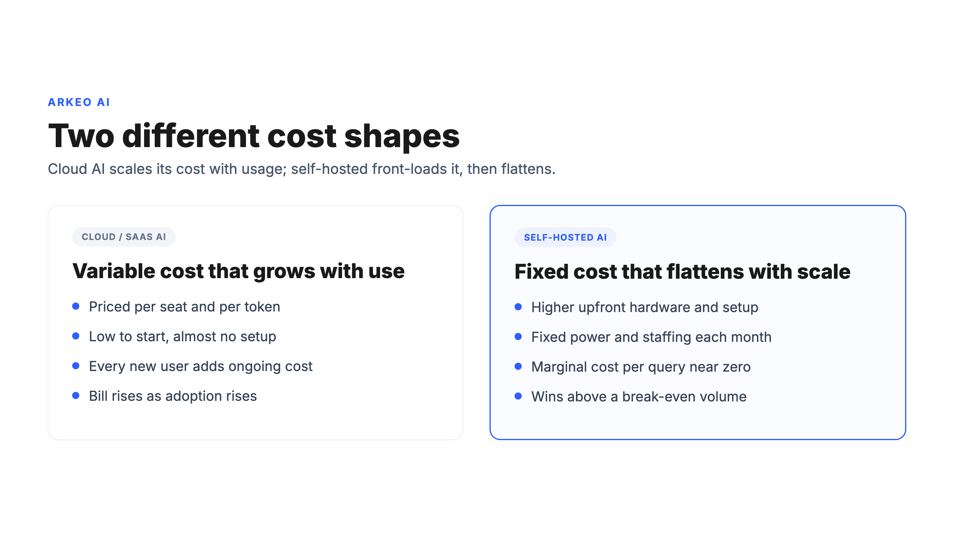 Cost shape comparison: cloud AI variable per-seat cost versus self-hosted AI fixed upfront cost