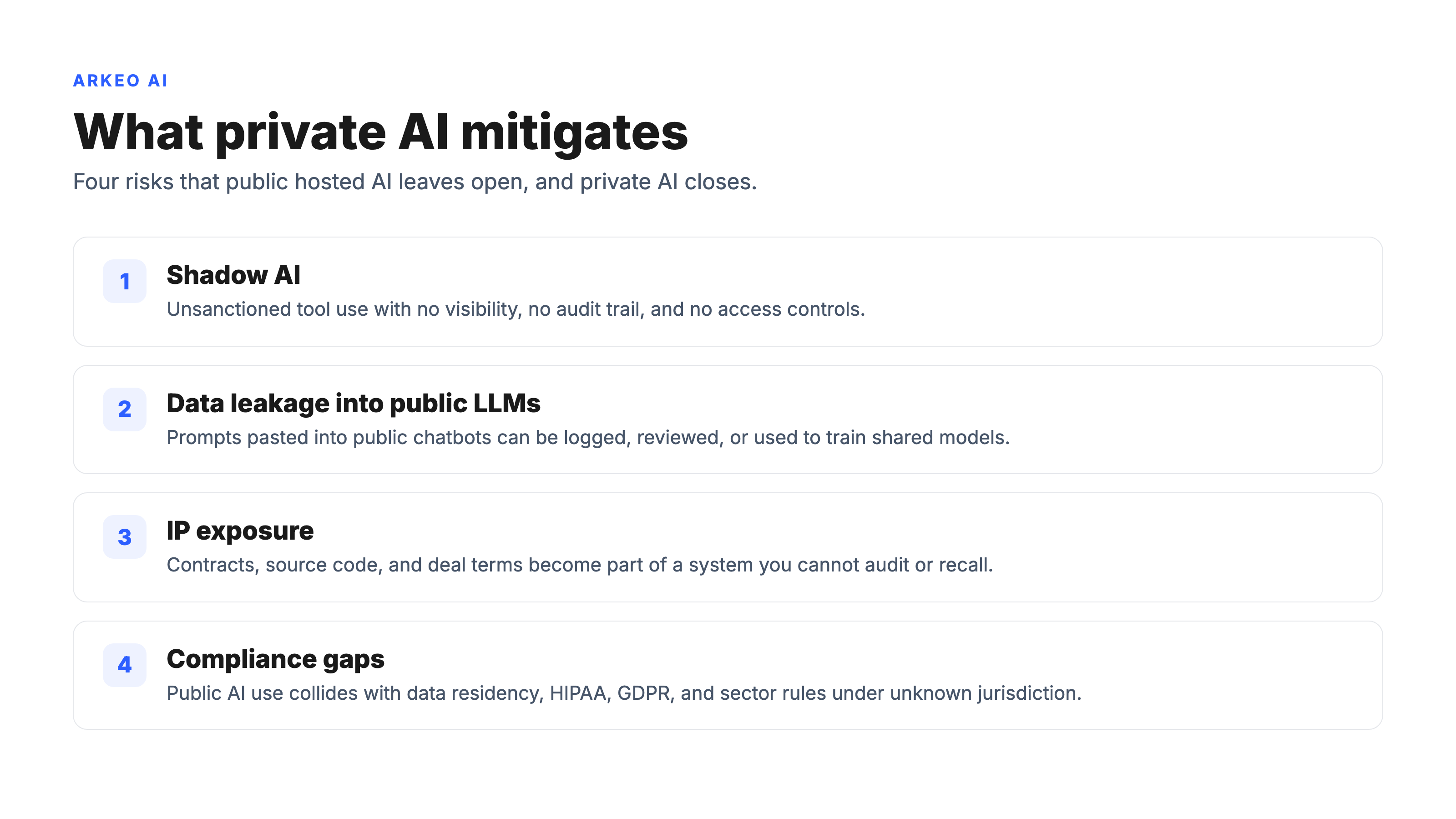 Four risks private AI mitigates: shadow AI, data leakage into public LLMs, IP exposure, and compliance gaps, shown as a numbered list