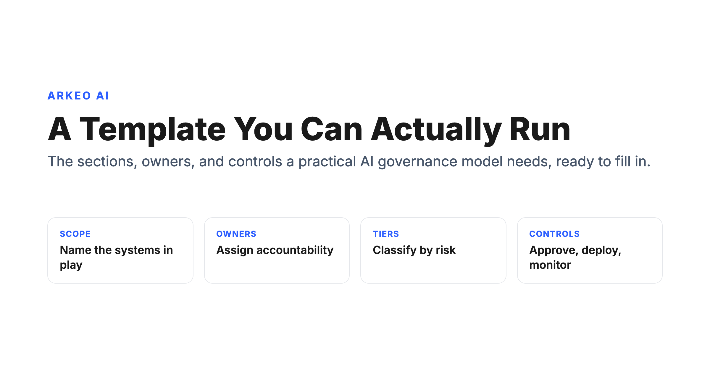 Arkeo AI diagram of an AI governance framework template showing scope, owners, risk tiers, and controls as a structure you can run