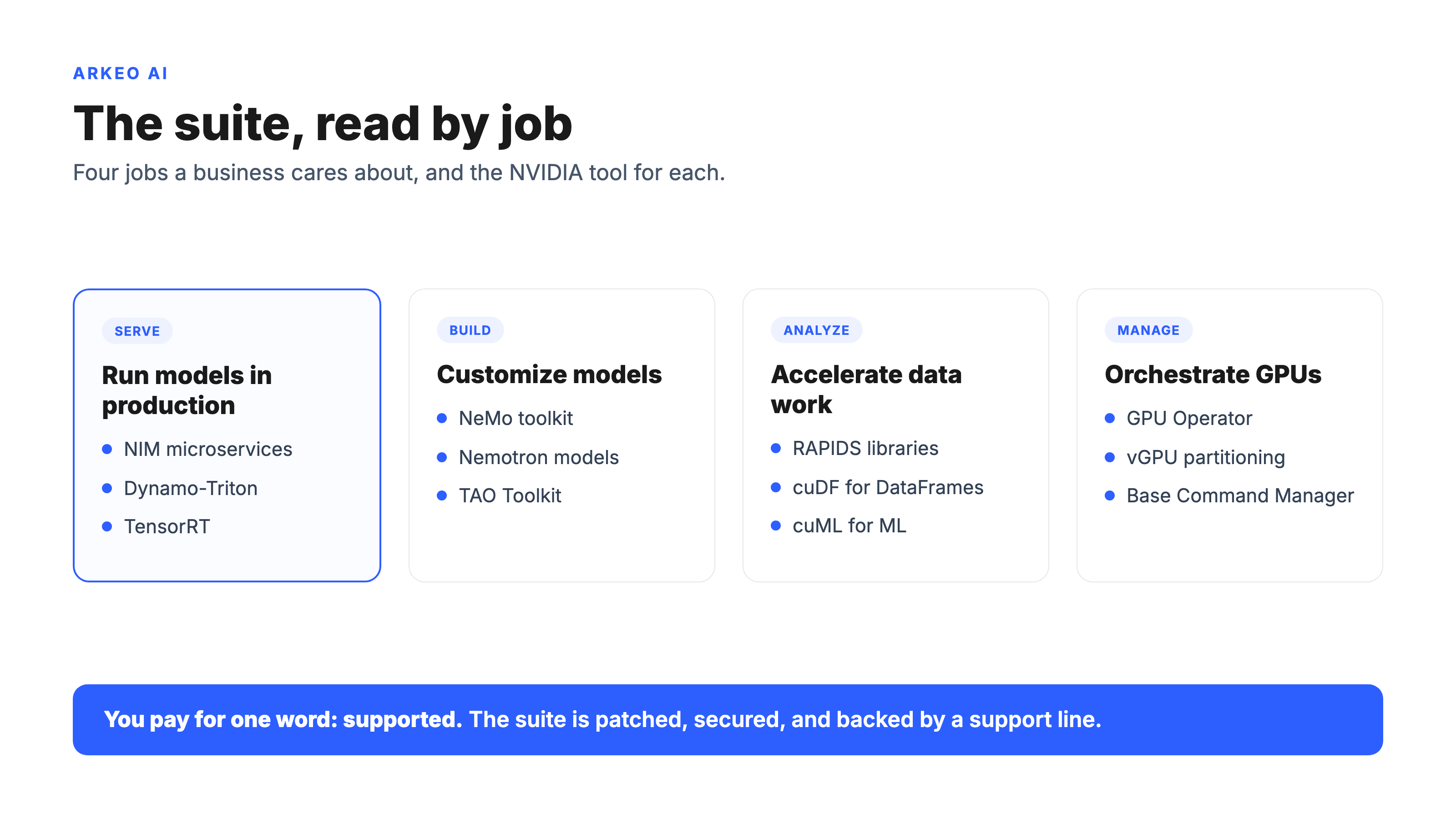 The NVIDIA AI Enterprise software suite grouped by job: serve, build, analyze, and manage, with the NVIDIA tool that does each