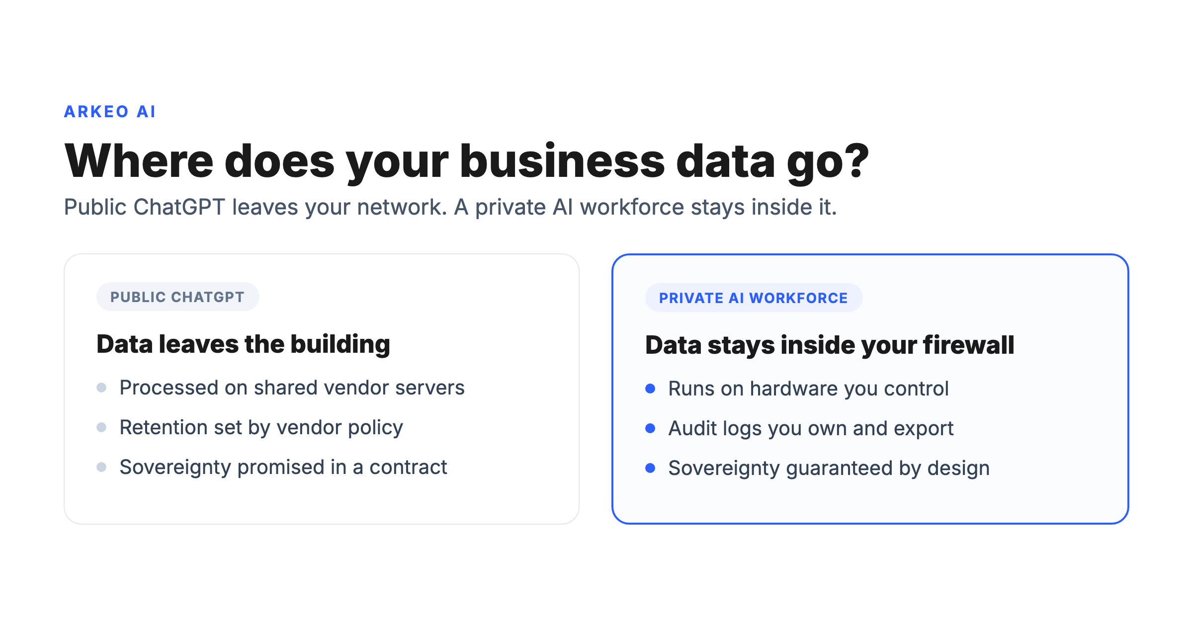Public ChatGPT versus private AI workforce, comparing where business data goes