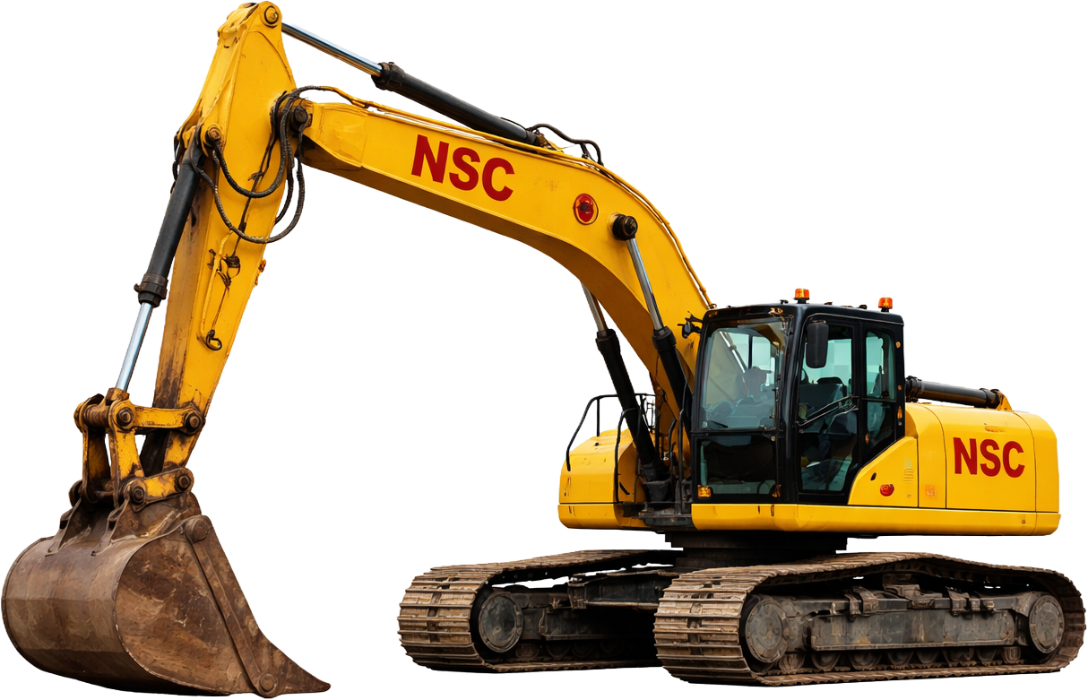 Yellow NSC-branded hydraulic excavator with a large digging bucket and tracked wheels.