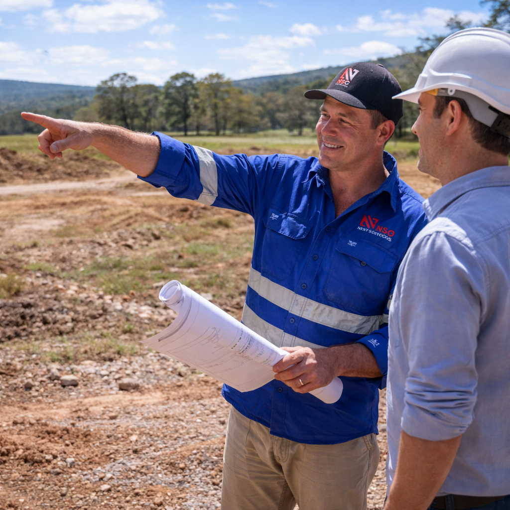 Two construction workers review plans outdoors, one in blue workwear pointing while holding rolled blueprints, the other wearing a white hard hat.