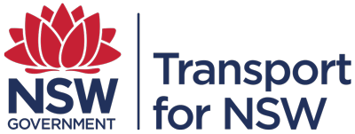 Logo of Transport for NSW featuring a red waratah flower and navy blue text.