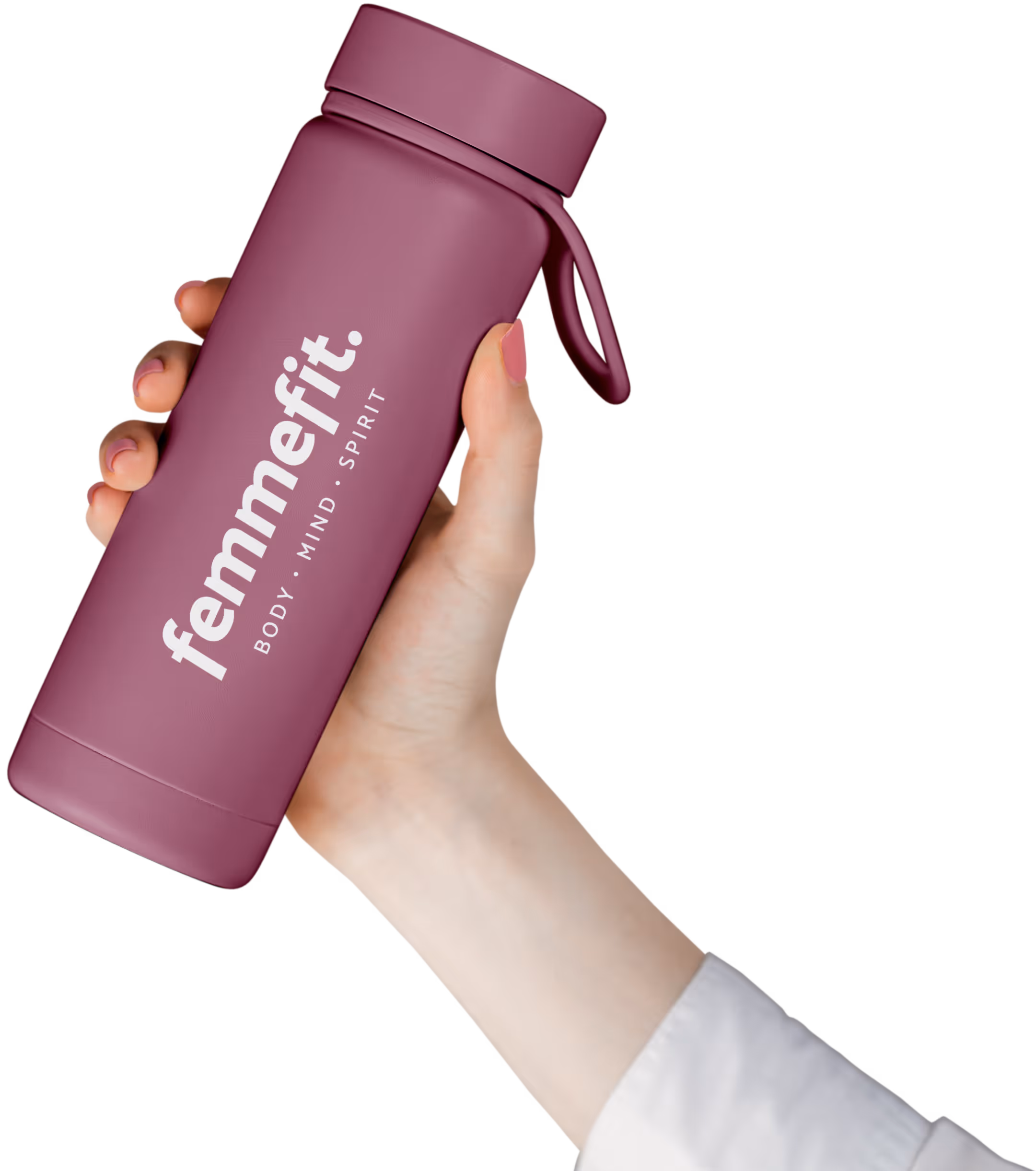 Hand holding a bright pink water bottle labeled 'femmefit. BODY · MIND · SPIRIT' with matching pink nail polish.