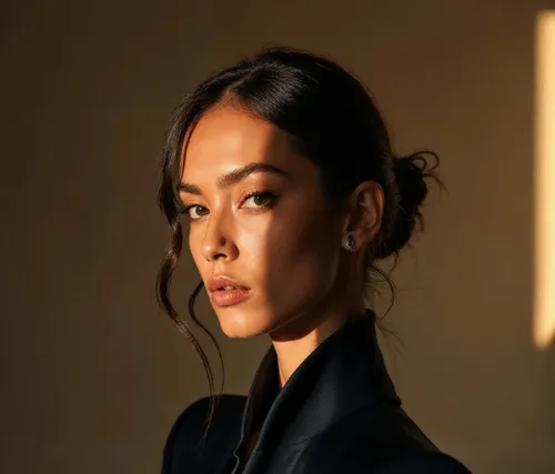 A woman in a black jacket is looking at the camera.