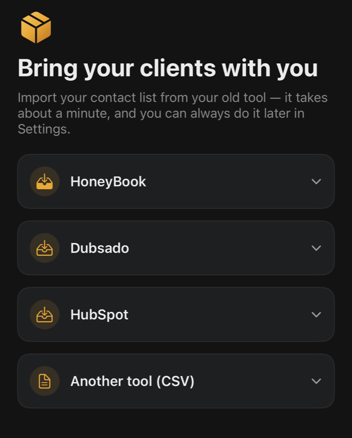 Reel Rate's import screen — bring your clients from HoneyBook, Dubsado, or HubSpot in about a minute