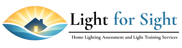 Logo with a house inside an eye shape with sun rays, text reads 'Light for Sight' with subtitle 'Home Lighting Awareness and Light Pricing Service'.