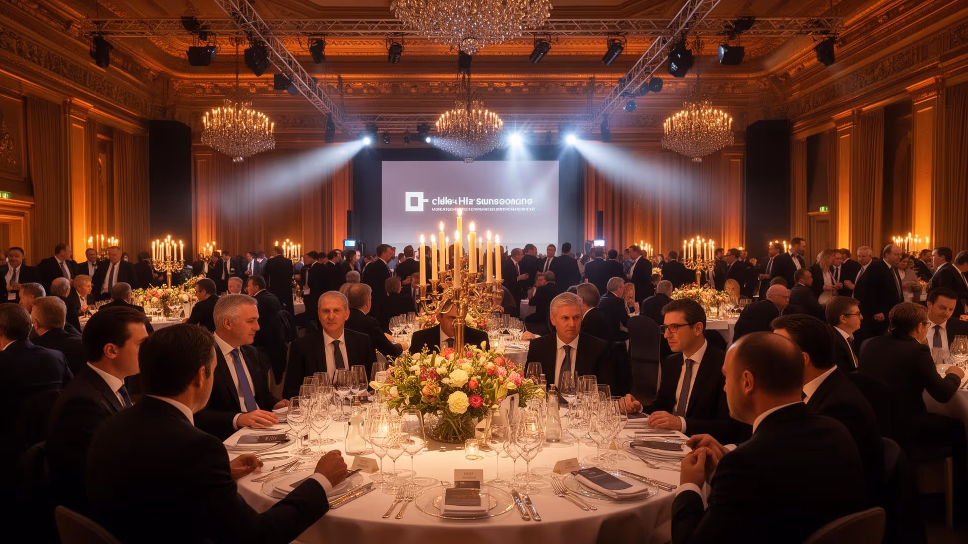 Elegante Abendgala mit Gästen in Anzügen an festlich gedeckten runden Tischen mit Kerzen und Blumen im prunkvollen Saal.