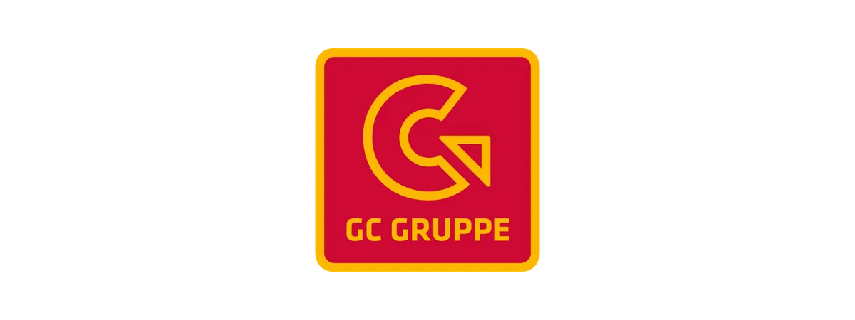 Logo der GC Gruppe mit stilisiertem gelbem Buchstaben G auf rotem Hintergrund und gelben Rahmen.