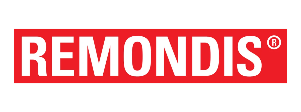 REMONDIS Schriftzug auf rotem Hintergrund.