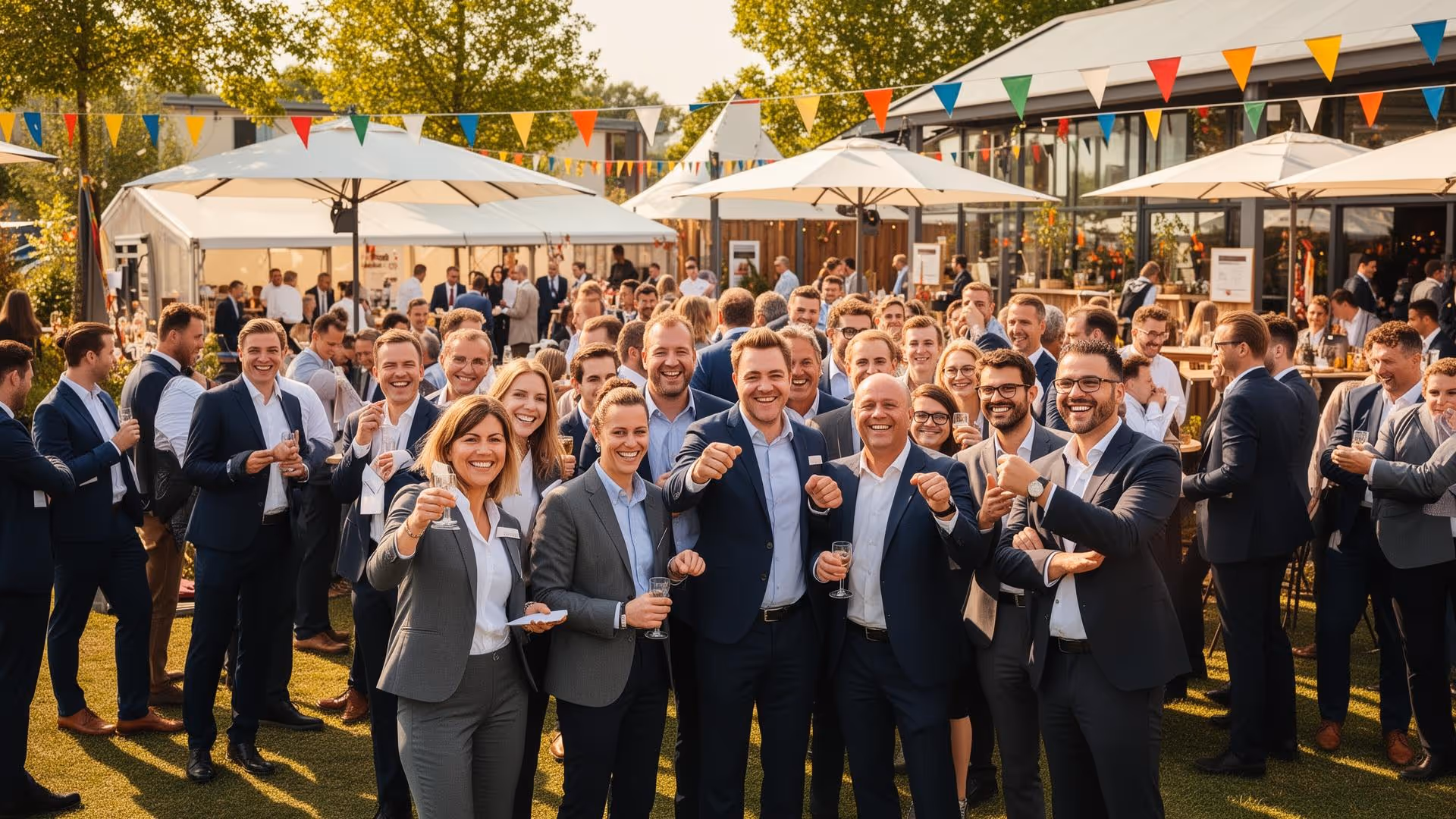 Gruppe von beruflich gekleideten Menschen feiert draußen bei Sonnenschein, hebt Gläser bei einem Sommerfest.