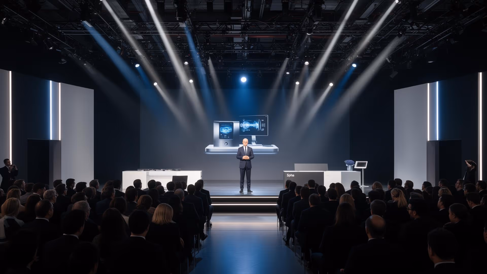 Ein Mann in einem Anzug hält eine Präsentation vor einem Publikum mit einem technischen Gerät auf der Bühne und Scheinwerfern im Hintergrund.