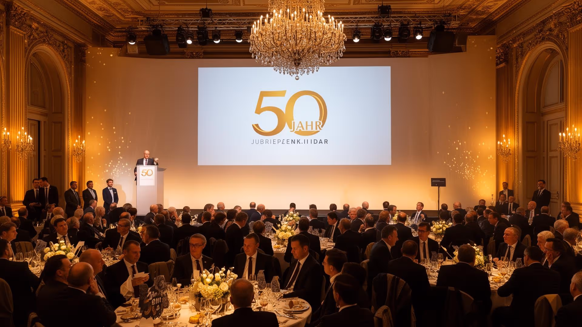 Elegante Jubiläumsfeier in einem prunkvollen Saal mit festlich gedeckten Tischen und einem Redner am Podium vor einer Projektion mit der Aufschrift '50 Jahr'.