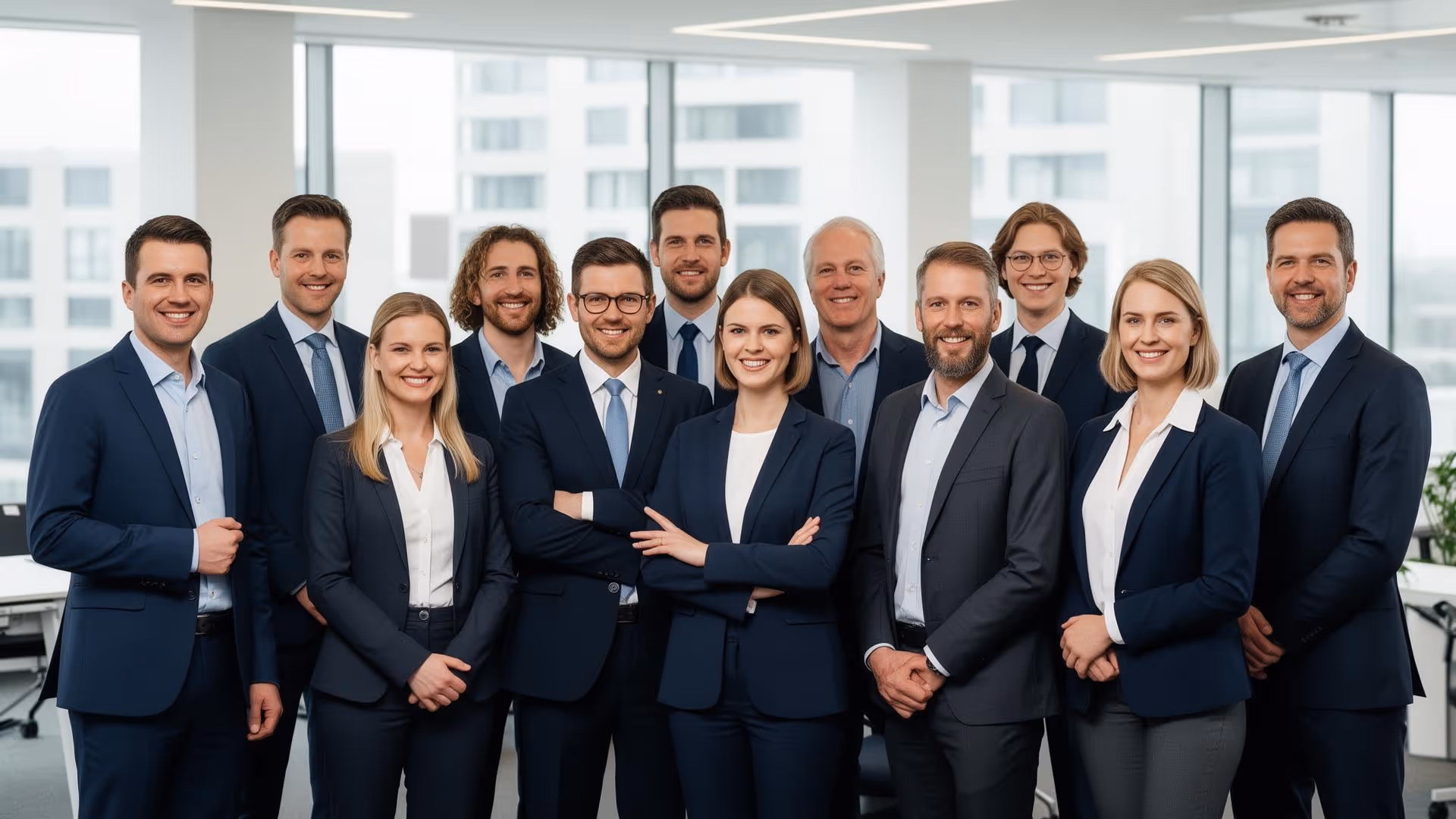 Ein professionelles Team von zwölf Personen in Geschäftskleidung, die in einem hellen Büro lächelnd in die Kamera schauen.