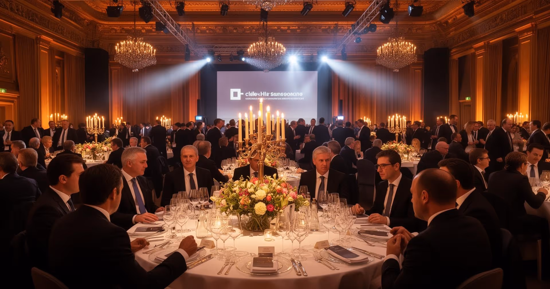 Eleganter Bankettsaal mit festlich gedeckten Tischen, Kronleuchtern und Gästen in formeller Abendgarderobe.