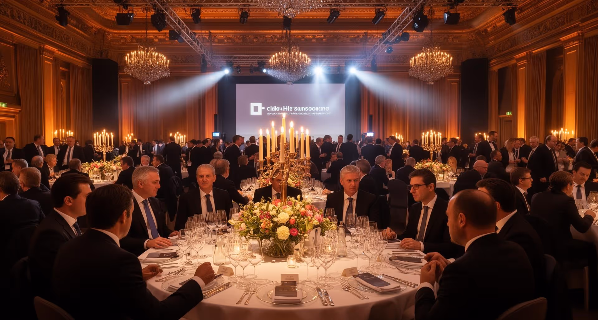Eleganten festlichen Bankettsaal mit Gästen in Anzügen, dekoriert mit Blumenarrangements und Kerzenleuchtern.